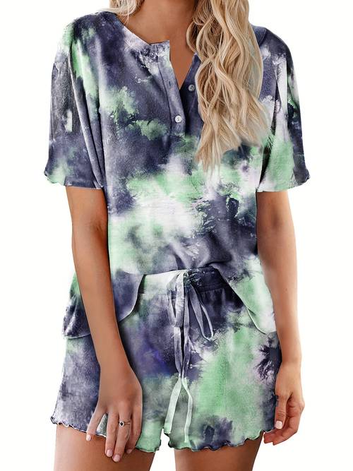 womens tie dye lounge set casual loungewear short sleeve top with drawstring shorts