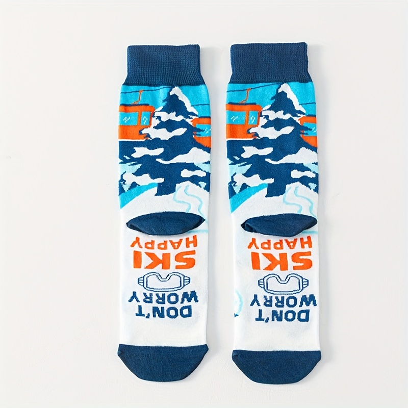 TEMU A Pair Of Men's Mid-calf Socks Featuring 'don't Worry Ski Happy' On The Soles, Designed With A Skiing Theme. Stylish Socks Are Suitable For Men