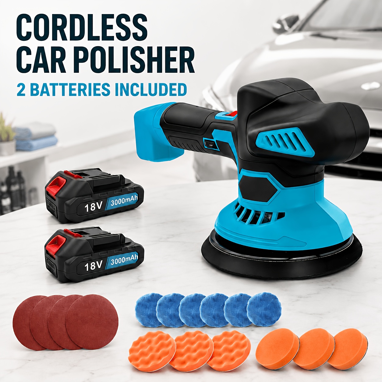 Image of 400w 2 Battery Cordless Buffer Polisher, 6 Inch Rotary Car Buffer Polisher With 2pcs 18v Batteries, Extra 17pcs Accessories, 6 Variable Speed For Polishing Waxing (2 Batteries Or No Battery)