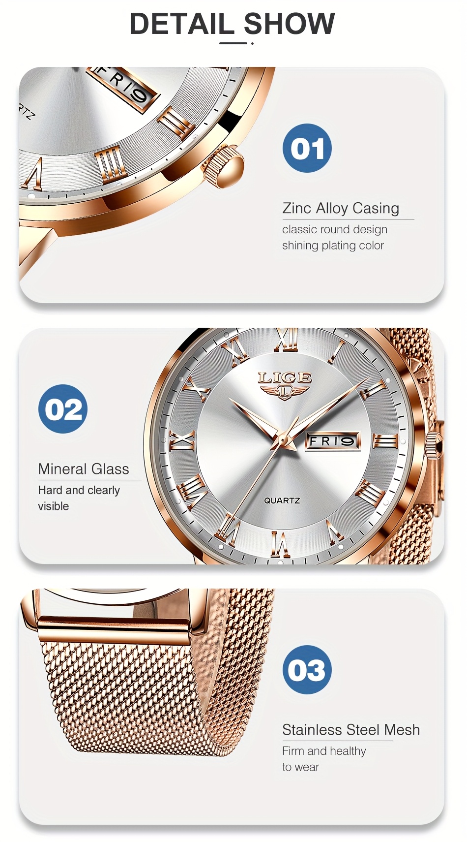 LIGE Dames Elegant Roestvrij Quartz Analoog Horloge met Datumkalender, Quartz Polshorloge Geschikt voor Dagelijks Gebruik - Tijdsmeter, Valentijnscadeau voor Vrouwen & Mannen (Merk)