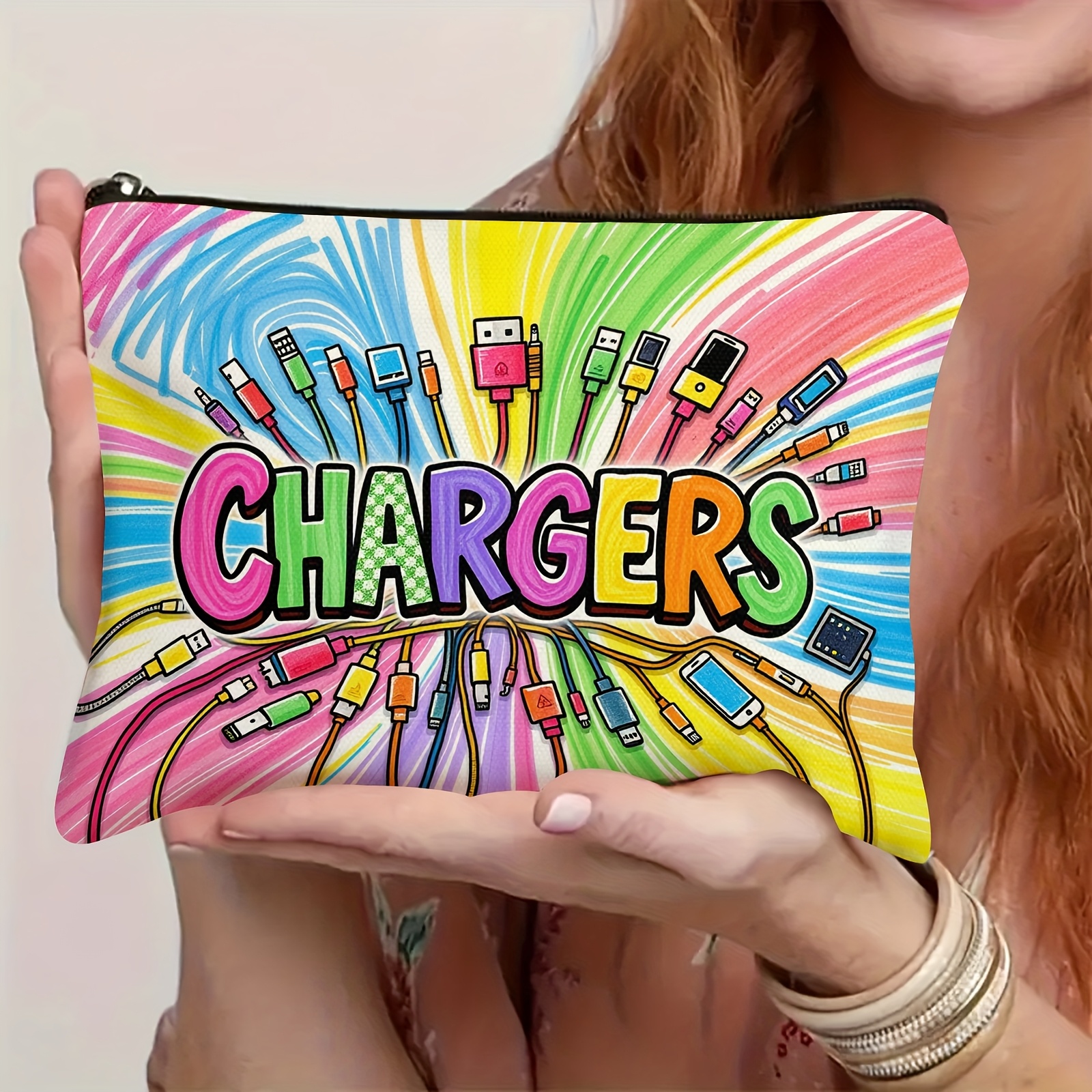 TEMU Borsa per trucco 1 pz con illustrazione di caricatore e tecnologia in stile , stampa fronte-retro �� Pochette con cerniera in tessuto resistente