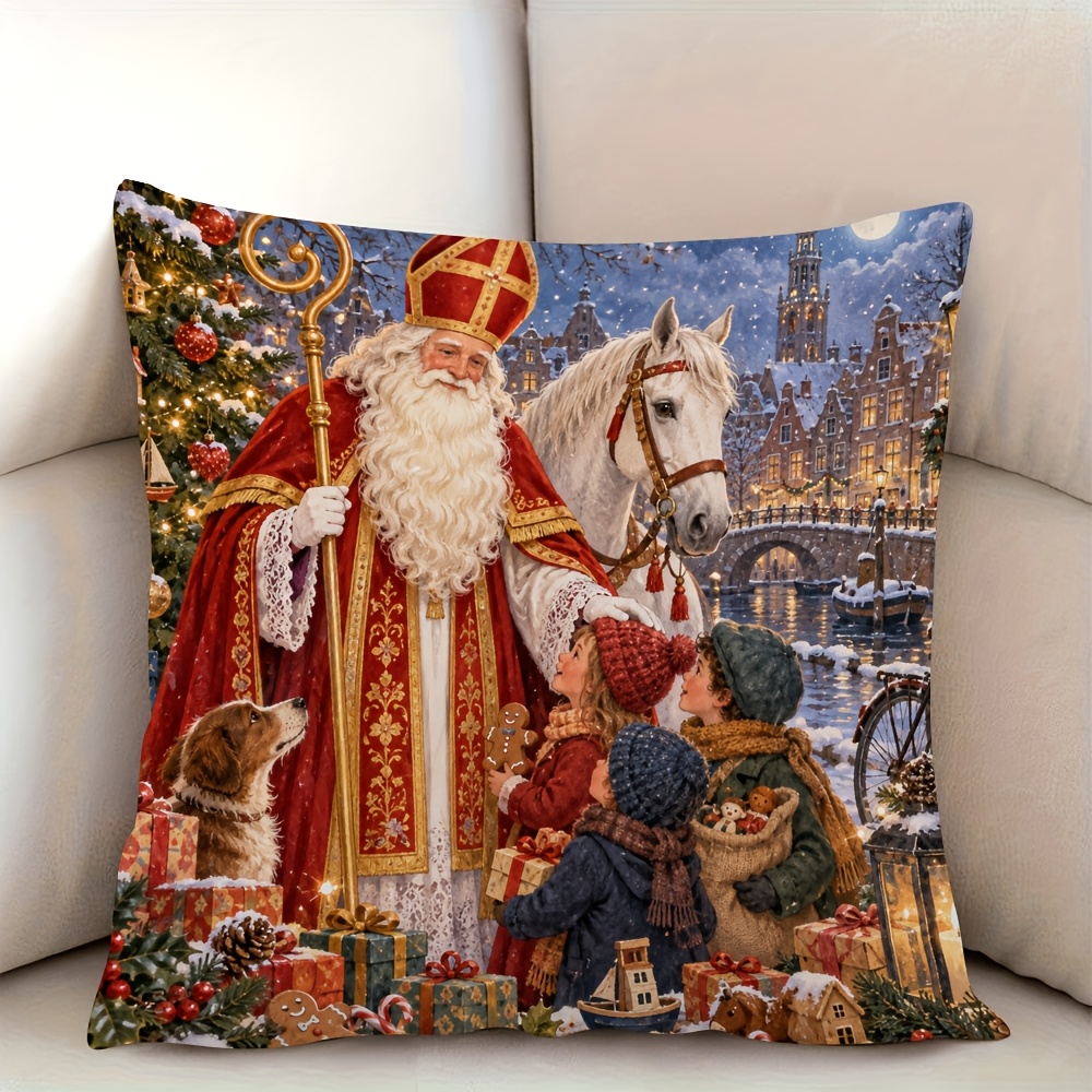 TEMU 1pc Dutch Sinterklaas Pillowcase Suitable For Decoration - Zipper Closure Decorative Cover With Sinterklaas & Helper Figure Print, Machine