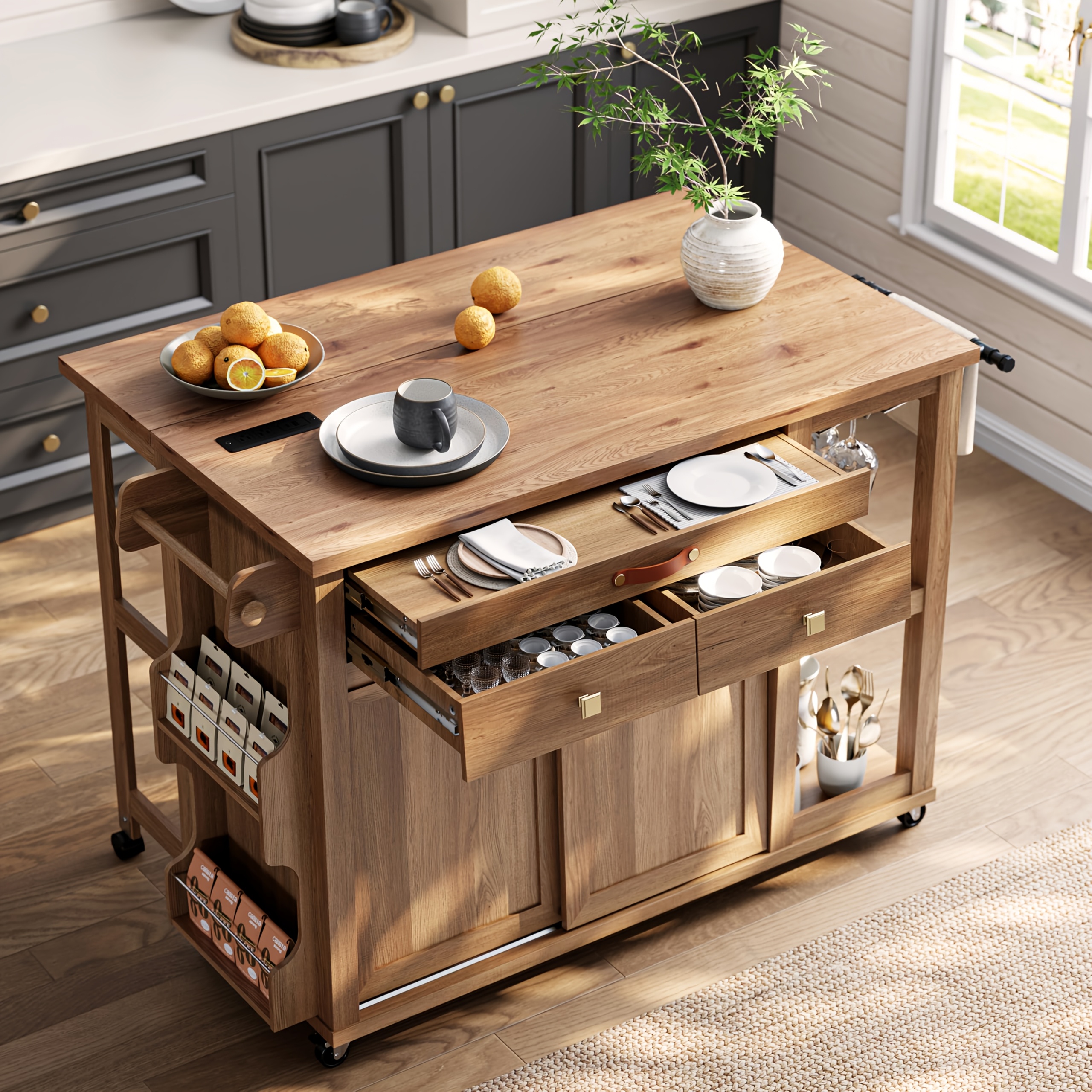 Rolling Kitchen Island with Charging Station & Drop Leaf Table
