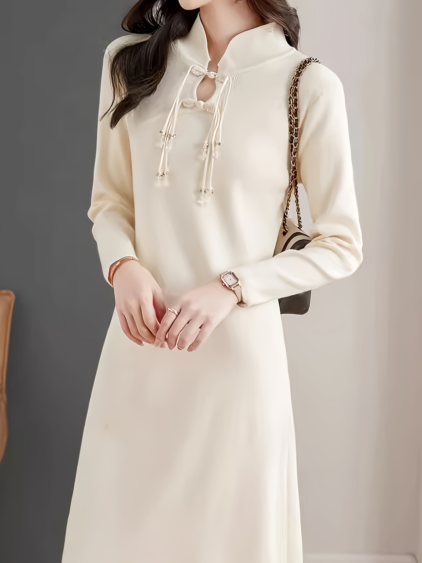 elegant cream knit midi dress fringe detail long sleeve - Temu