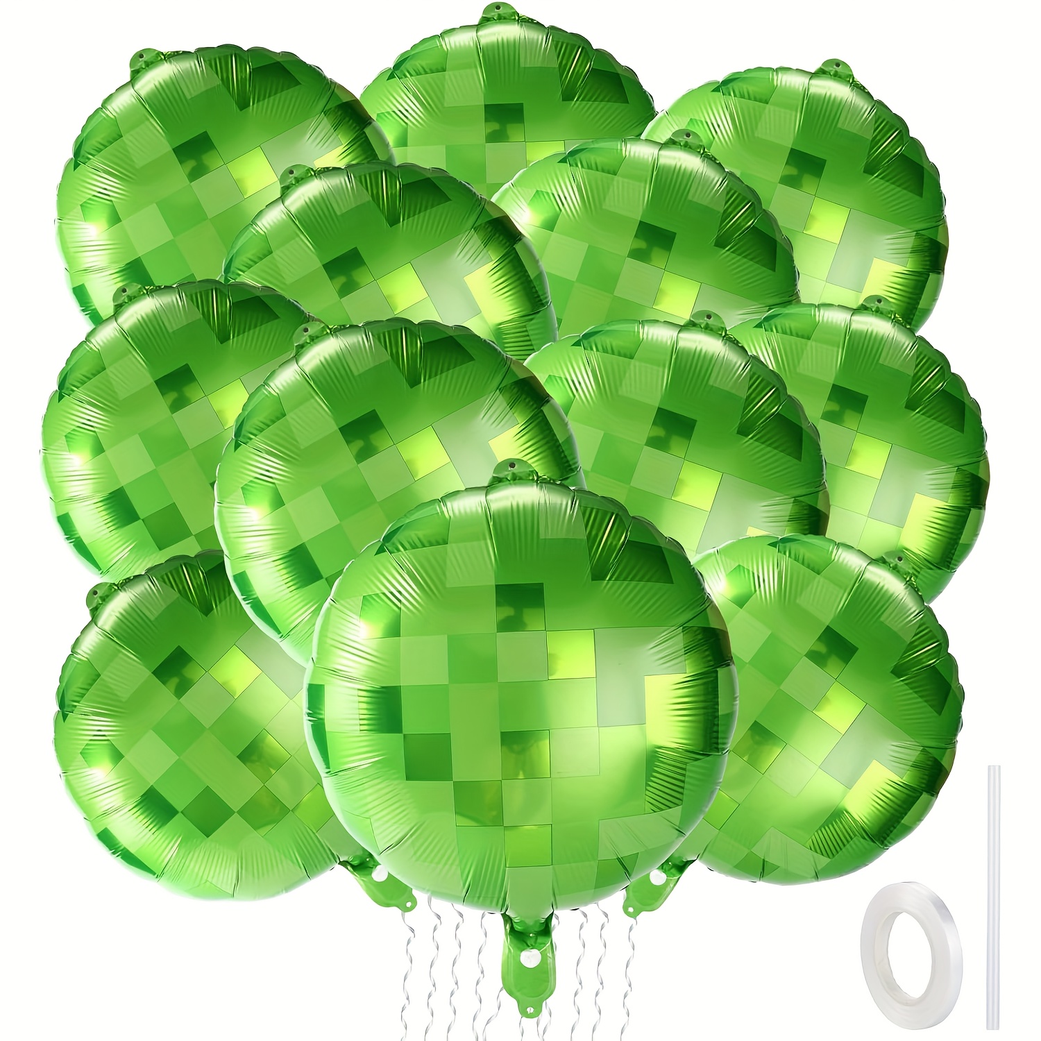 12pcs 18 Inch Circular Green Grids, 18 Inch Green Aluminum Foil Balloons, With Satin Ribbons And Straw Pixel Themed Party Decorations, Suitable For Party Supplies And Celebration Events
