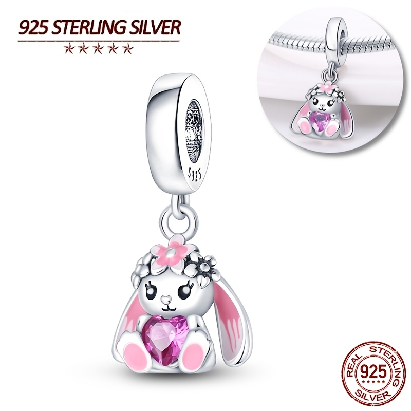 

1pc 925 Sterling Silver Bunny Heart Charm Pendant, 3g Dangle For 3mm Bracelets, Fashionable , Perfect Gift For Women On Birthdays And Holidays