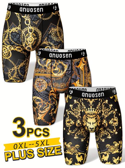 3pcs Plus Size Men'S Long-Lasting Athletic Boxer Briefs - Black with Golden Lion & Tiger Print, Moiré Pattern, Quick-Dry, Breathable, Anti-Chafing, Perfect for Running & Working Out, Plus Size Gift for Him, Plus Size Boxer Briefs | Moire Pattern Briefs | Quick Dry Fabric