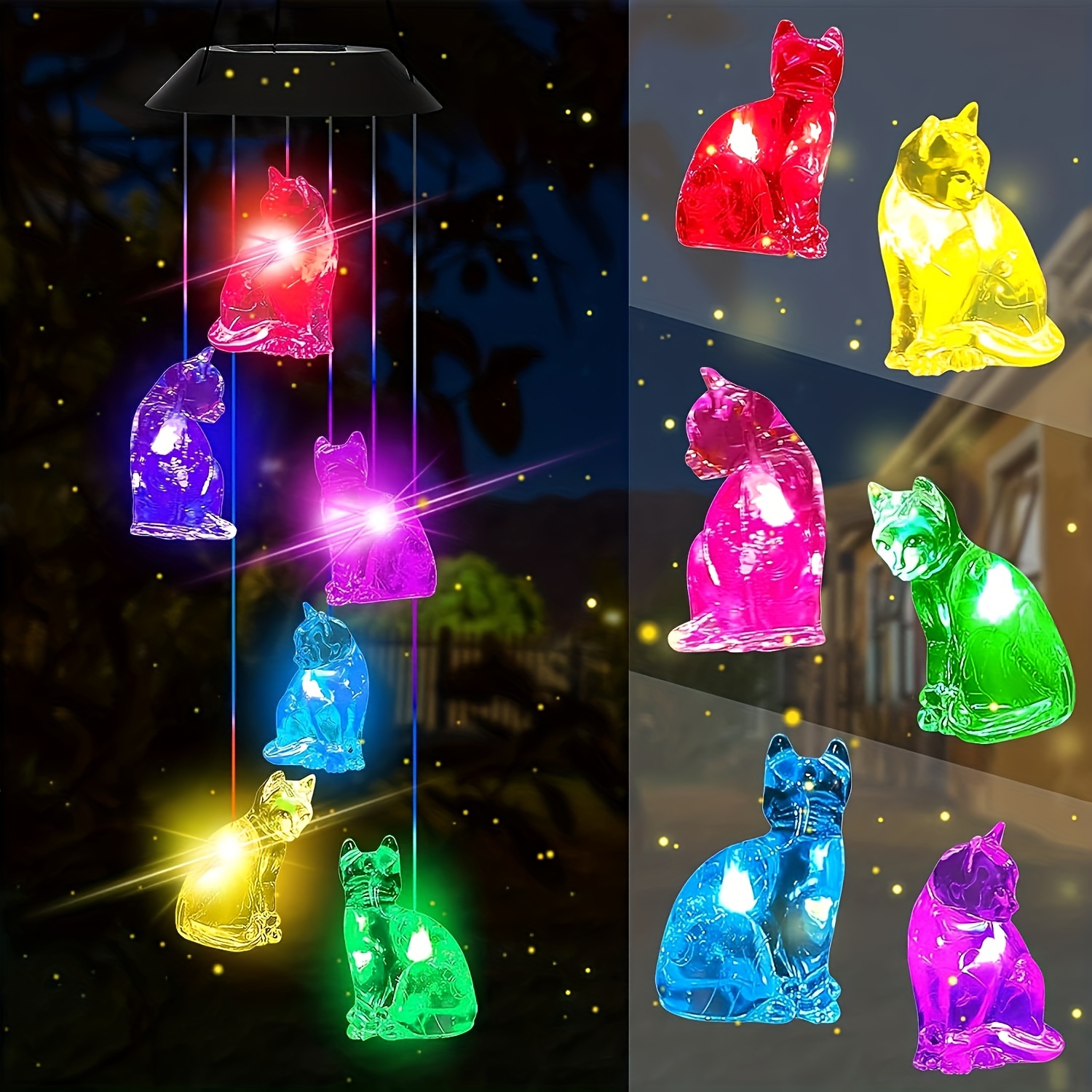 

Solar-powered Cat Wind Chimes With Color-changing Lights - Perfect Gift For Mom, Led Garden & Patio Decor