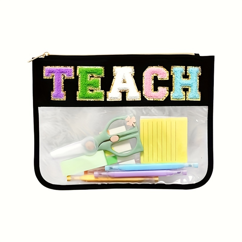 

Teach Chenille Patch Transparent Toiletry Bag - Waterproof Pvc Makeup Pouch With Zipper, Portable Teacher Appreciation Gift, Unscented Storage Organizer For School Supplies And Snacks