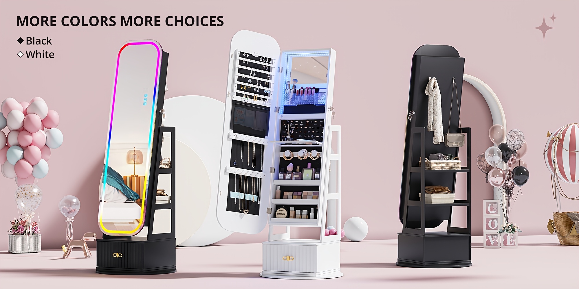 vintage inspired 360 swivel jewelry   cabinet with lights lockable full length organizer with storage drawer for bedroom decor Product details 5