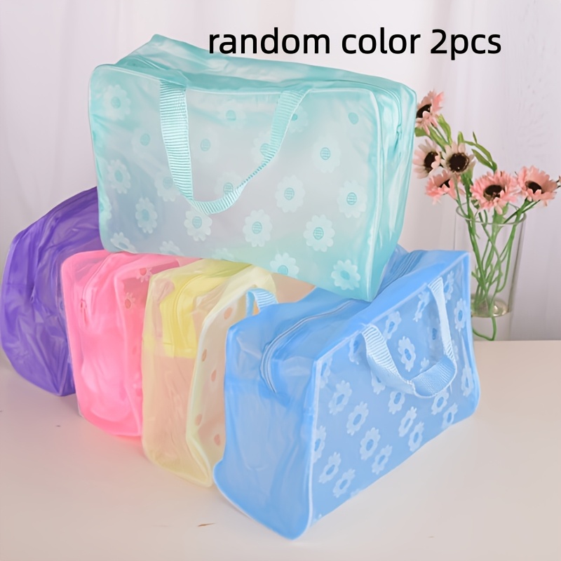 TEMU Lot de 2 sacs de rangement de voyage en PVC transparent de couleur aléatoire, trousse à cosmétiques lavable à fermeture éclair de grande