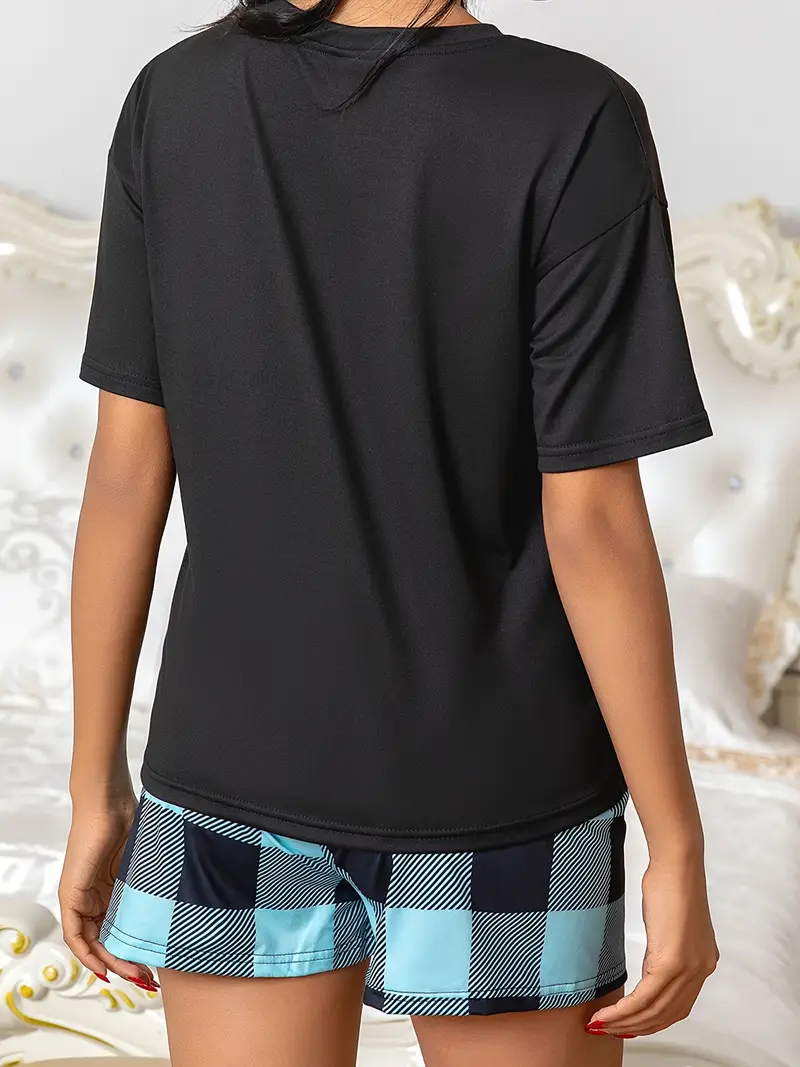 colorblock print pajama set casual short sleeve round neck top bow shorts womens sleepwear loungewear Product details 9
