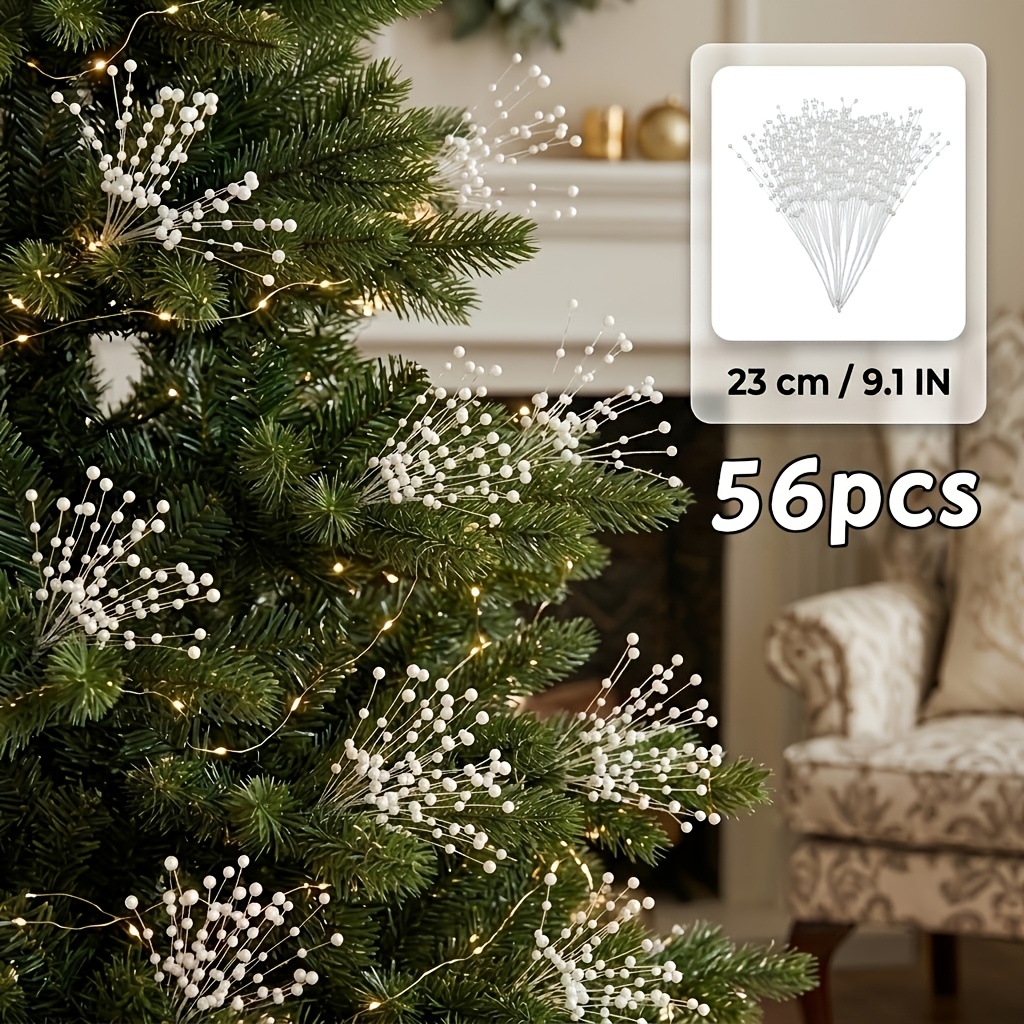 TEMU White Bead Decorative Branches, 56pcs Large V Pack, Branches Full Of Round White Beads, Making Christmas Trees Extra . Inserted And Hung On