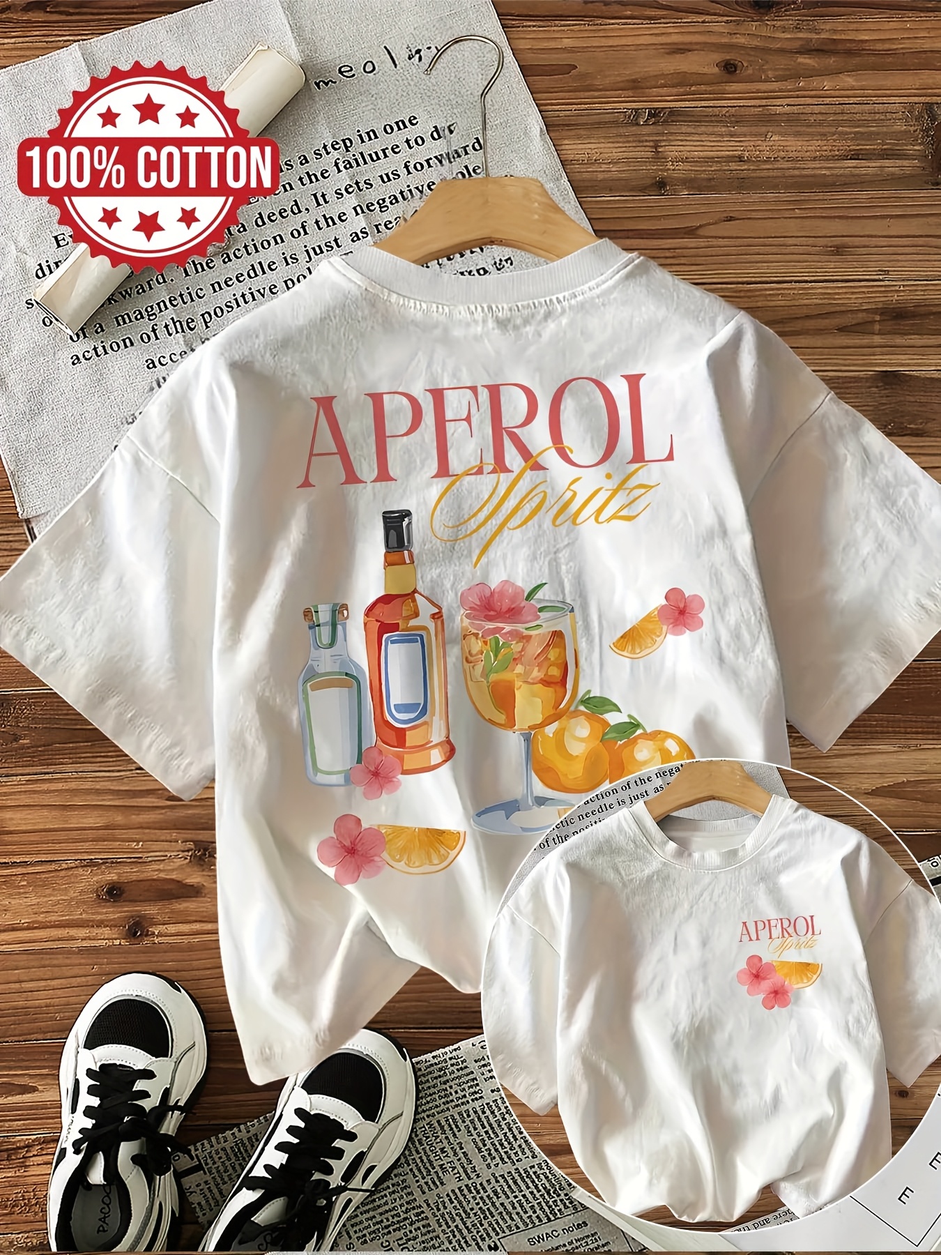 Illustration Style Cocktail Aperol Letter Print T-Shirt, Loose Casual Round Neck Top for Women.