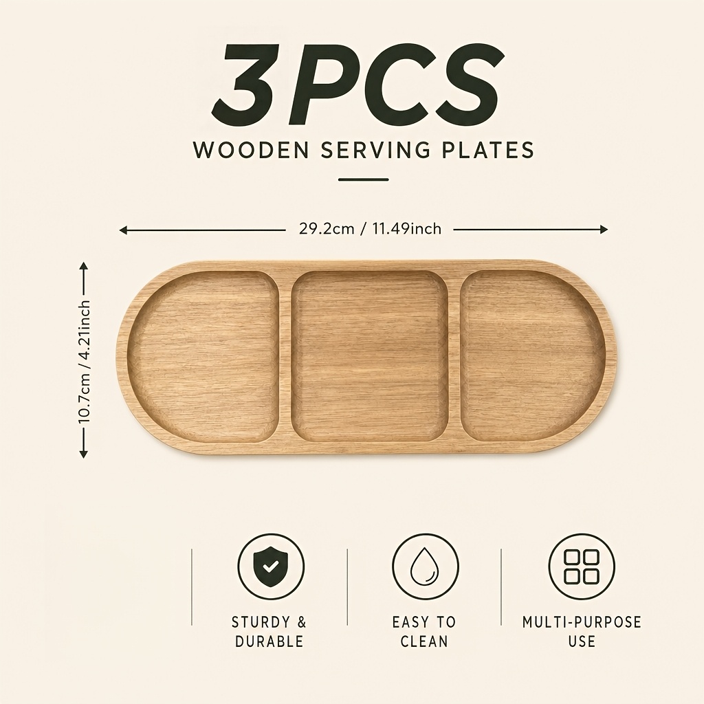 TEMU 3pcs Set Of Acacia Wood Three-compartment Wooden Trays. -section Design Keeps Food Separated To Prevent Flavor Mixing, Making It Ideal For