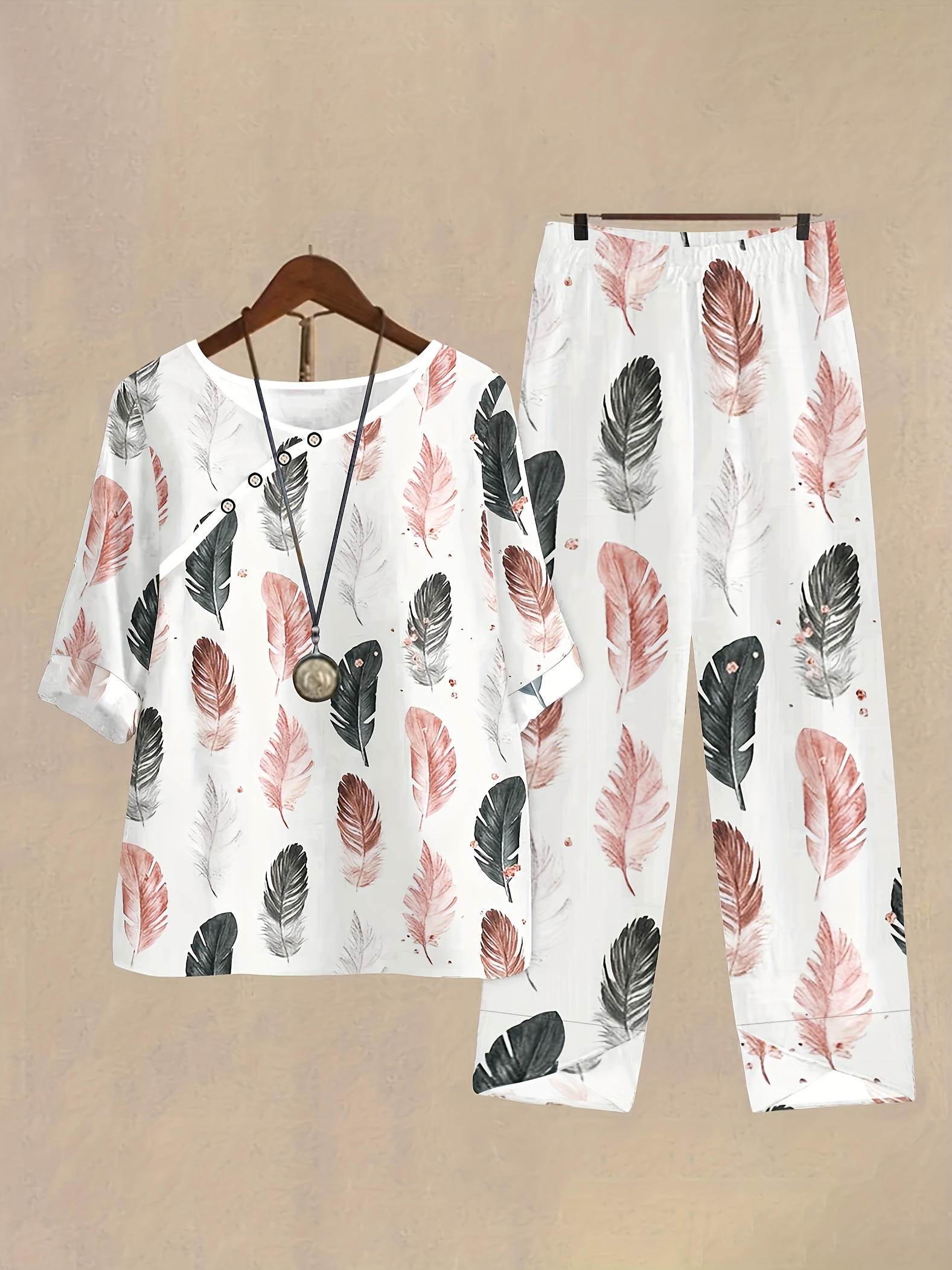 Fashion Pink Leaf Digital Ethnic Style Short Sleeve Long Pants Women's Casual Set