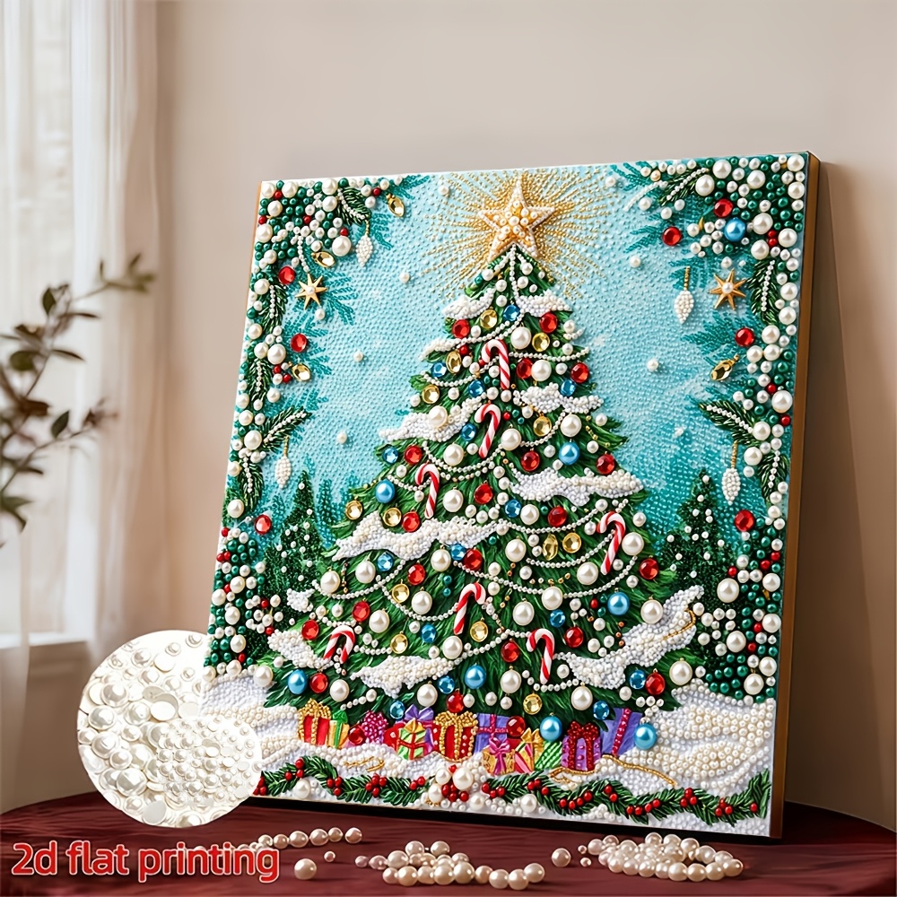 TEMU 2d Flat Printing 1pc With Frame, Pearl Diamond Painting Kit Christmas Tree Element /latest Framed Decorative Painting Handmade Oil Canvas Drill