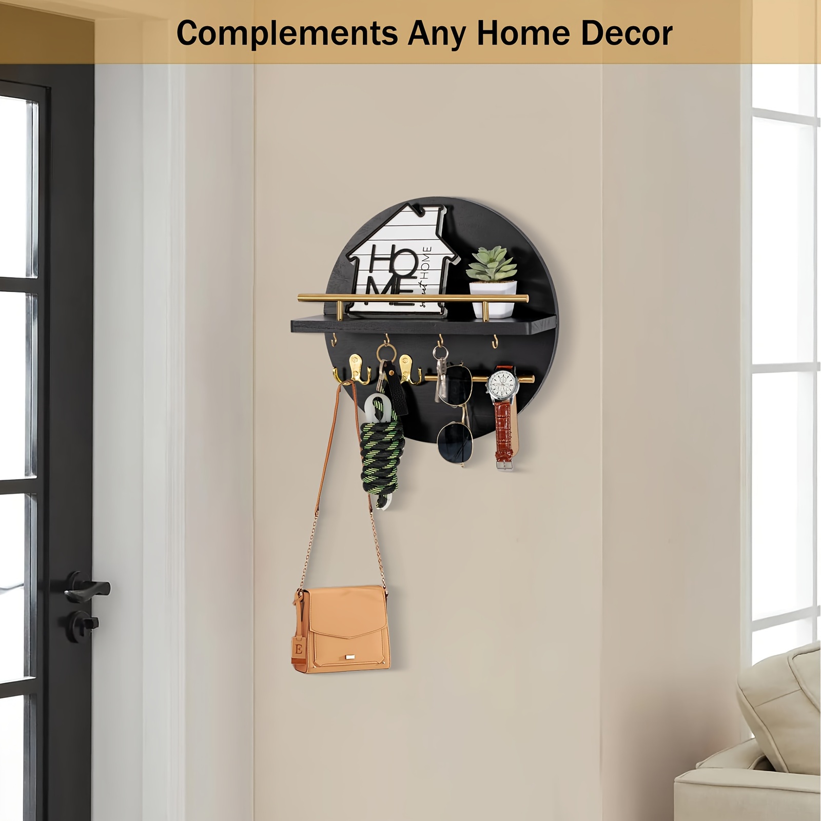 Rustic Holder with Shelf and Hooks, Circular Wall-Mounted Mail Organizer,  Entryway Key Rack with Fashion Glasses Holder, Boho Home Decor