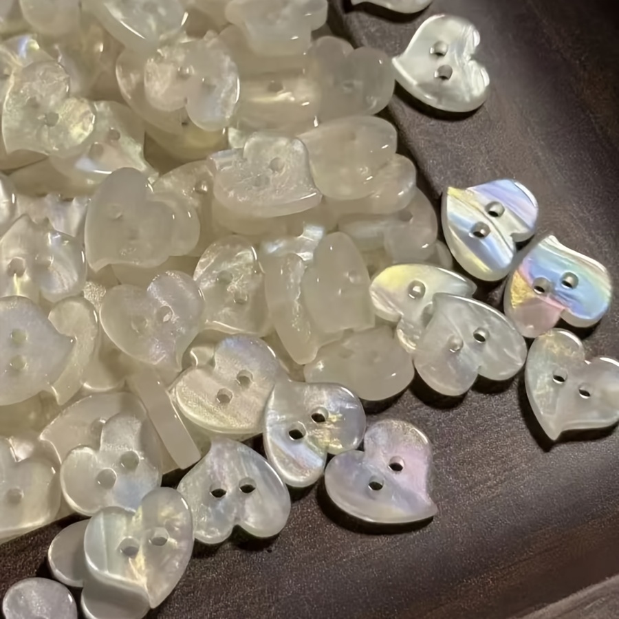 TEMU 12pcs Iridescent Heart-shaped Buttons - Double-hole White Resin, Mixed Colors, Glossy End, Perfect For Sweater And Shirt Decorations, Crafts And