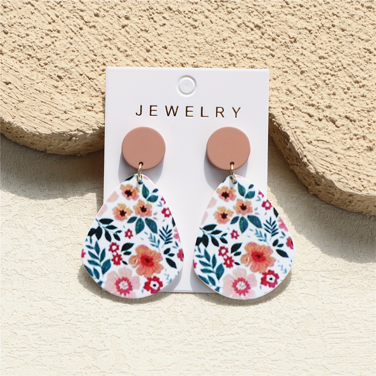 TEMU 1 Pair Of Women's Spring And Summer Small Red Flower Print Clay Texture Elegant Cute Temperament Ins Design Large Water Drop Acrylic Earrings