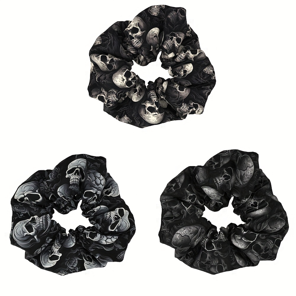Image of 3pcs Gothic Print Scrunchies - Vintage Fabric Hair Ties For Women, Halloween Hair Accessories With & Design, Ponytail Holders For Spooky Style
