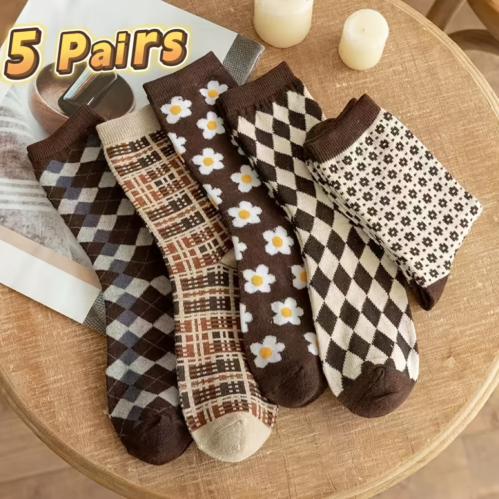 TEMU 5-pair Brown Series Rhombus Small Floral Mid-calf Socks For Women, Vintage Plaid Socks, Versatile Slouchy Long Socks For Autumn/winter