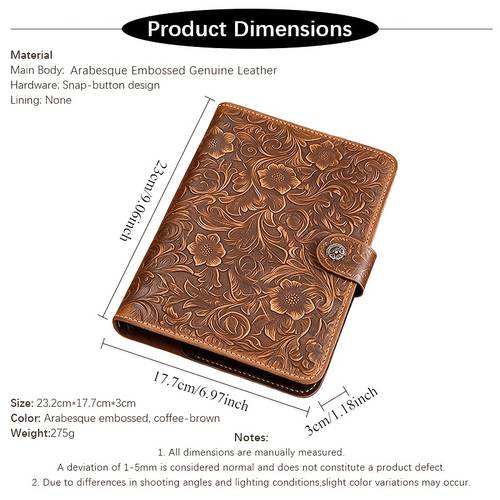 handcrafted a5 full grain cowhide genuine leather diary cover with arabesque floral pattern refillable notebook protector with pocket card slot and pen loop handmade a5 full grain genuine leather notebook cover