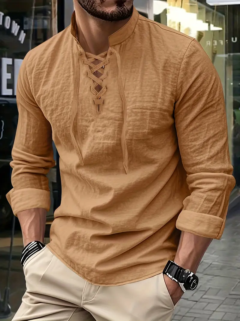 mens elegant linen v neck long sleeve t shirt with cross strap detail breathable regular fit for casual outdoor evening wear spring summer fall versatile top casual wear tee tshirt linen fabric t shirts Product details 28
