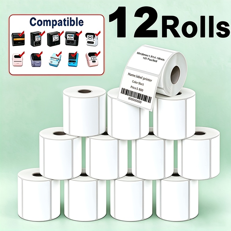 TEMU 12 Rolls (12 125 Sheets/roll) White Thermal Label Stickers Suitable For //m220/m221/m150//m260 Thermal Printers, & Oil-resistant Permanent