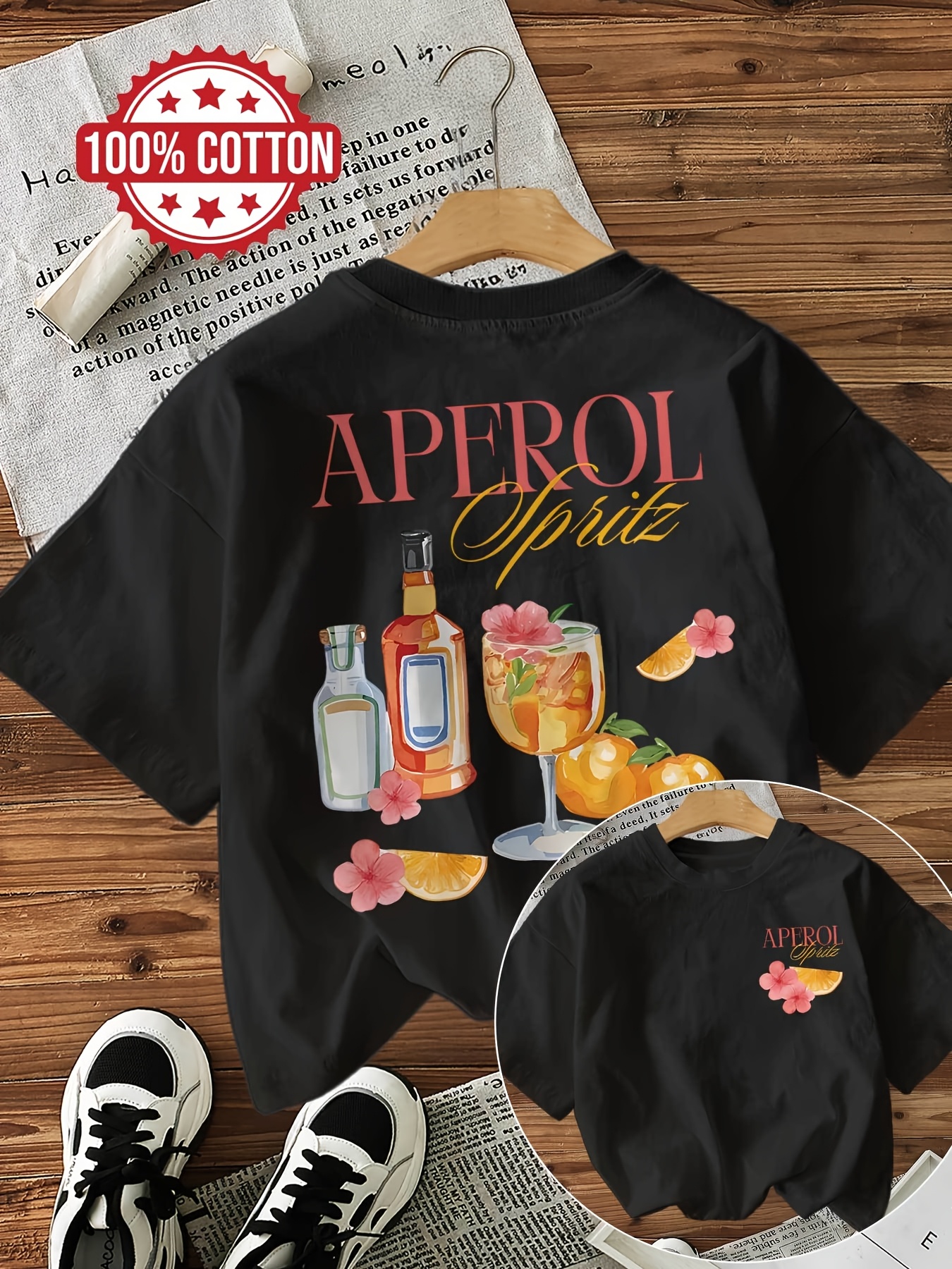 Illustration Style Cocktail Aperol Letter Print T-Shirt, Loose Casual Round Neck Top for Women.
