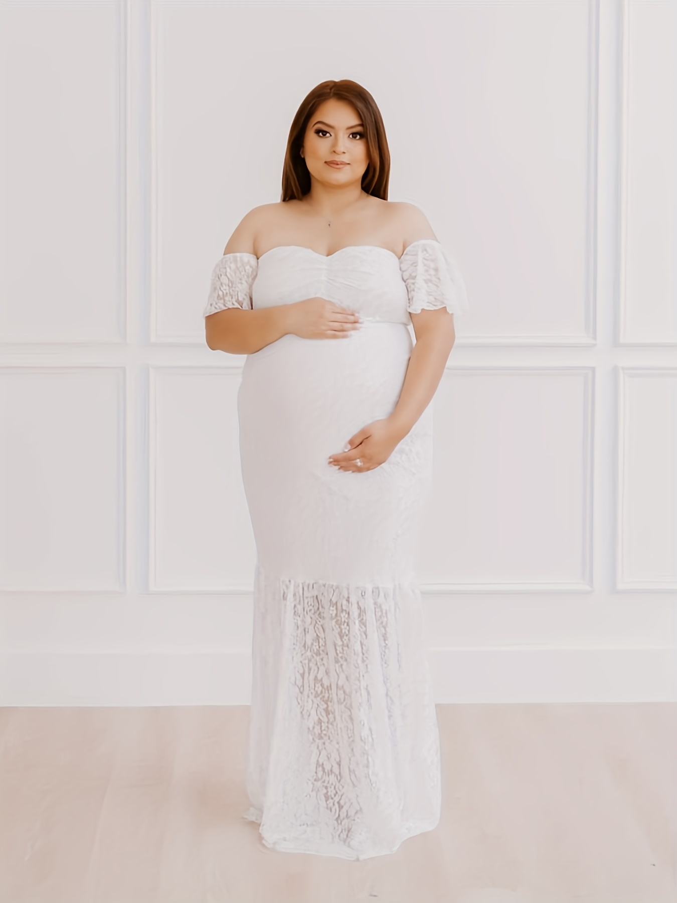 Elegant Off-Shoulder Maternity Dress - Stretchy Polyester, Solid Color with  Lace Detail, Mermaid Tail Design for Summer