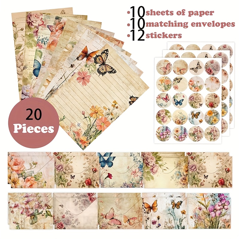 Image of 20pcs Plant Floral Vintage Stationery Set, Ins Blank Handwritten Literary Gift Nostalgic Envelope Set, Containing 10 Stationery + 10 Envelopes ( Presented Sealing Stickers)