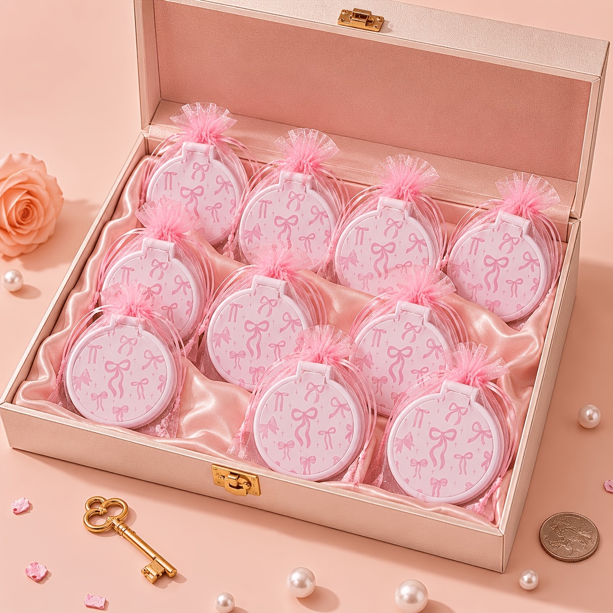 TEMU 20pcs Portable Folding Makeup Mirror Set With Stands And Pink Gift Bags - 10pcs Mirrors And 10pcs Bags, Suitable For Travel, Parties, White With