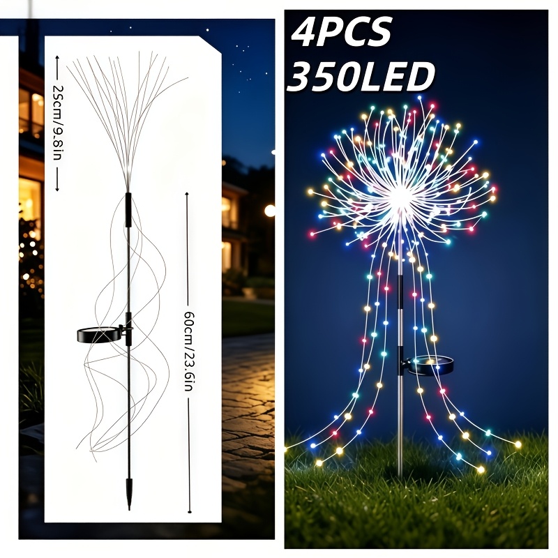 TEMU 4 Pack (1400 Led) Solar Multicolor Firework Stake Lights, 350-light Starburst Pathway Lights, Waterproof Outdoor Landscape Lighting, Decorative