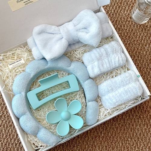 6pcs set womens spa additions set in 5 colors comfortable soft including floral hair clips bow headband and elastic wristband perfect gift for a lady friend white blue purple