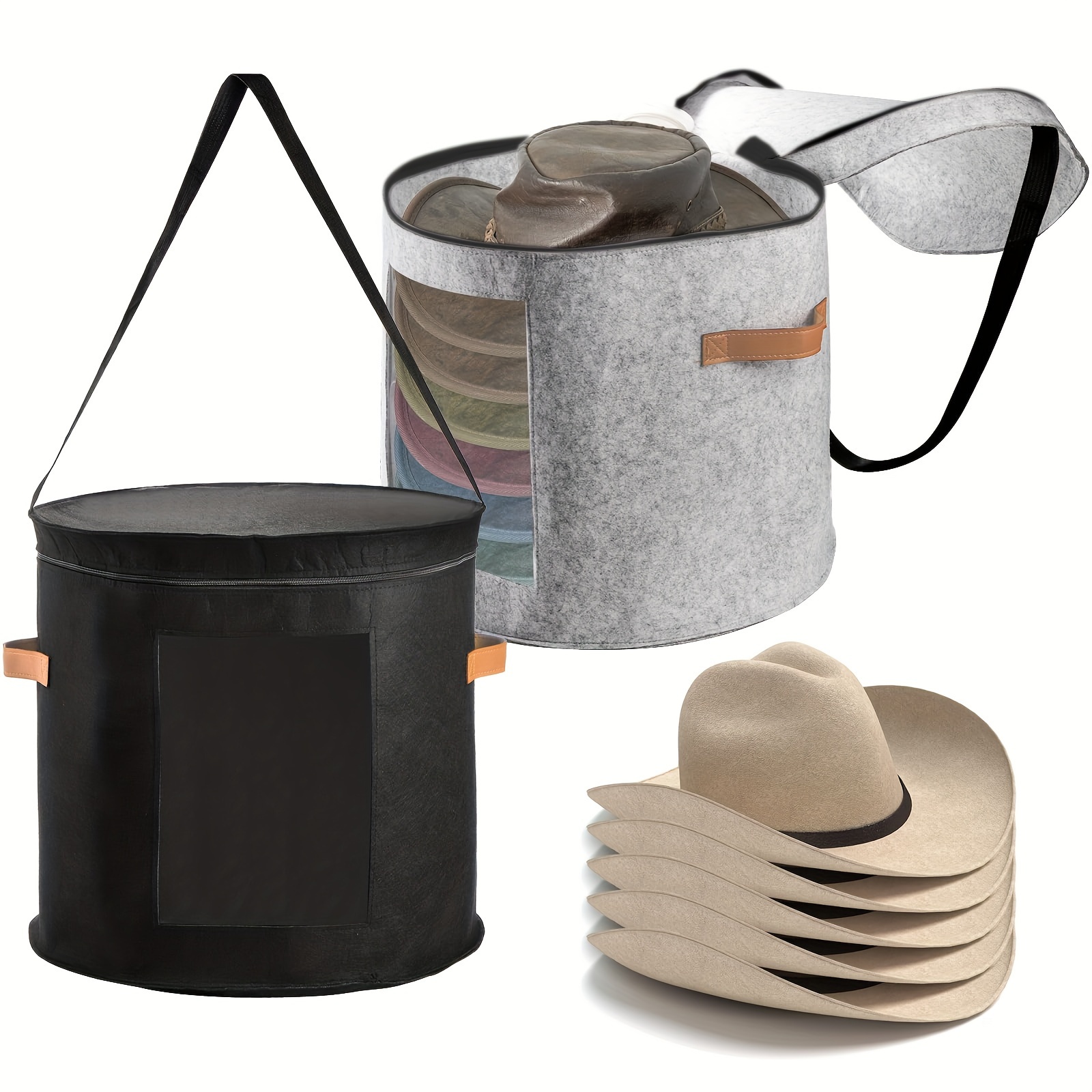 

Portable Hat Storage Box, Foldable Organizer Bucket Bag With Dust Cover, Large Capacity Round Travel Hat Container