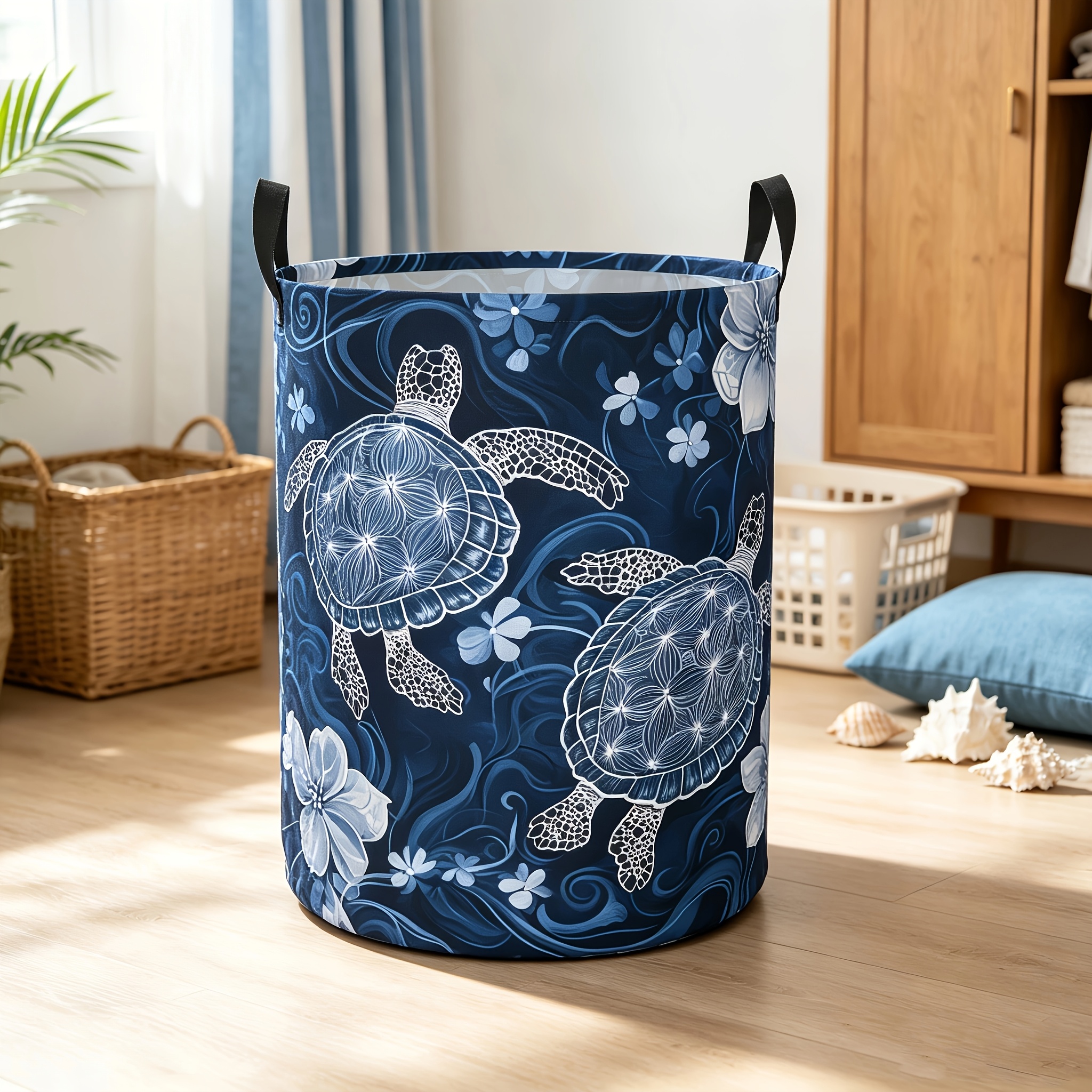 TEMU 1pc Turtle Pattern Floral Round Basket With Handle, Bedroom Laundry Hamper Foldable Storage Basket, Home Bathroom Dirty Clothes Bag Organizer,