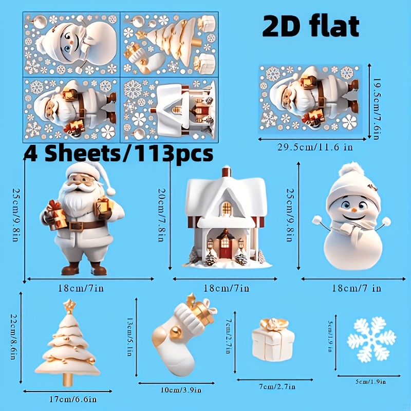 TEMU 2D - 2D - 2D 4 Hojas/113 piezas Colección de Adhesivos Navideños para Ventanas - Calcomanías de Vidrio Coloridas con Tema Festivo de Papá Noel,