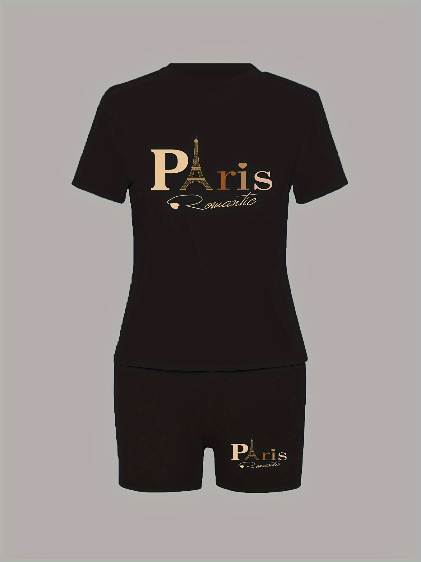 casual paris letter print two pieces short sleeve t shirt biker shorts outfits womens clothing details 0