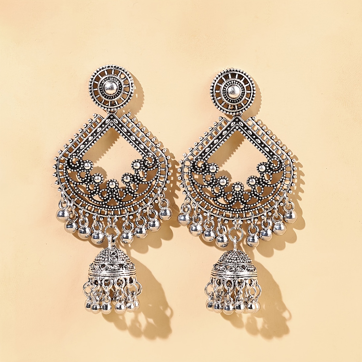 TEMU 1 Pair Of Women's Bohemian Ethnic Style Bell Pendant Earrings, Fashionable Vintage Drop Earrings, Suitable For Holiday Party Outfits