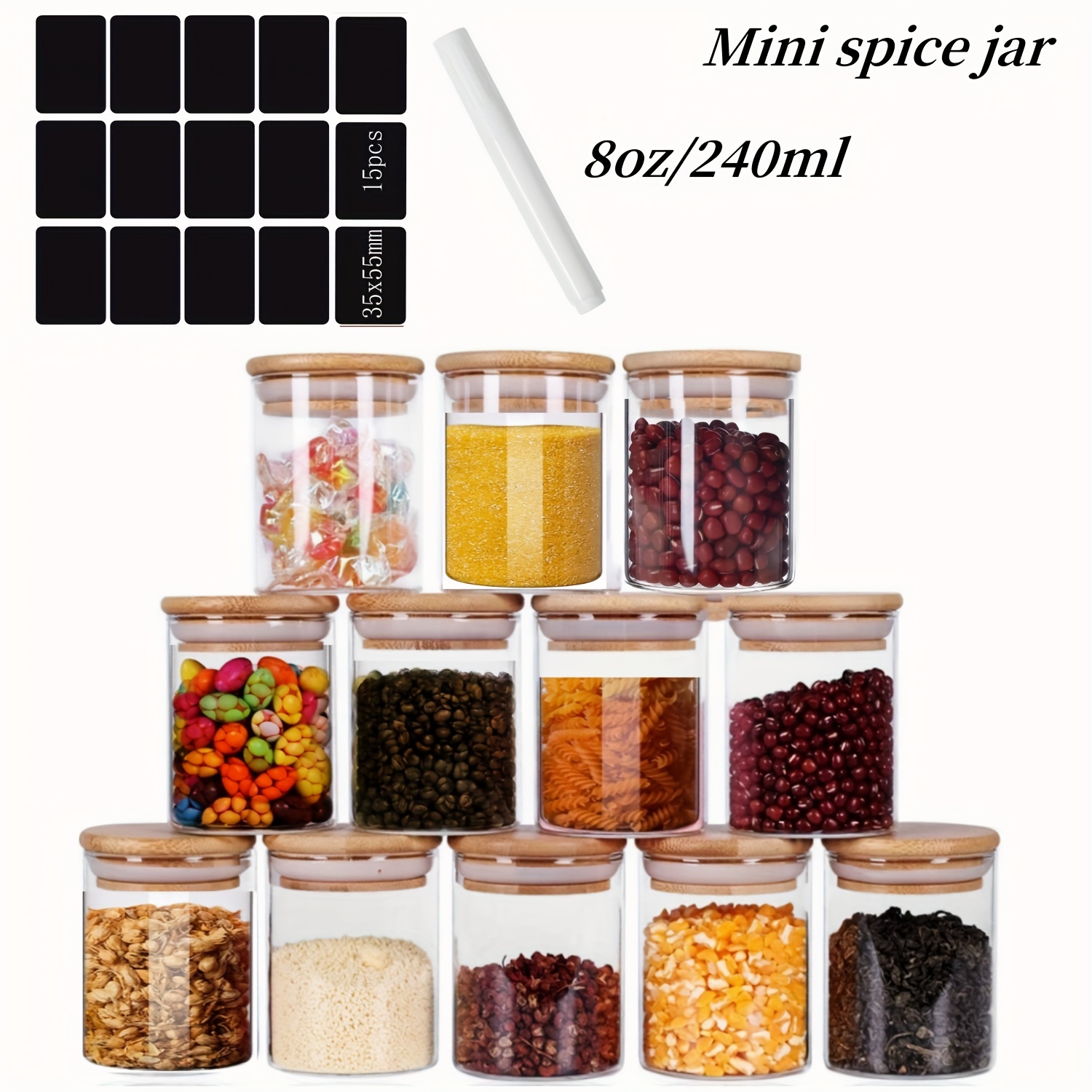 

12pcs, Glass Storage Jars With Airtight Bamboo Lids, Borosilicate Canning Jars, Kitchen Organizer For Grains, Spices, Herbs, Inclusive Of Labels & Pen, Multi-purpose Glass Jar Gift Box