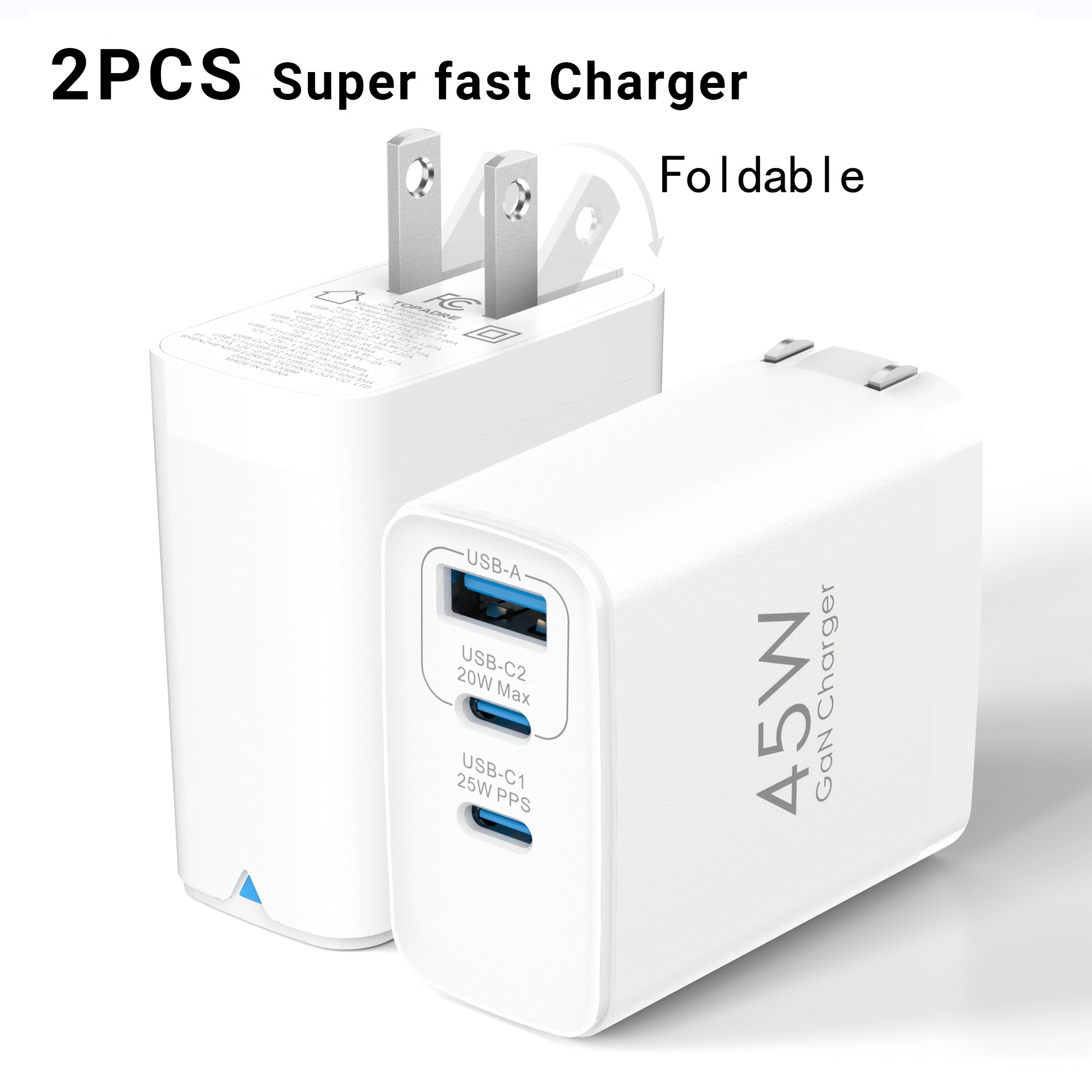 

2-pack 3-port Fast Charging Usb C Charger , Foldable 45w Wall Plug Pd 3.0 Type C Adapter Cube For /15/14/13, S24 Ultra/s24+/s23, /air, Pixel, Compactly, Multifunctional, Space-saving Travel-