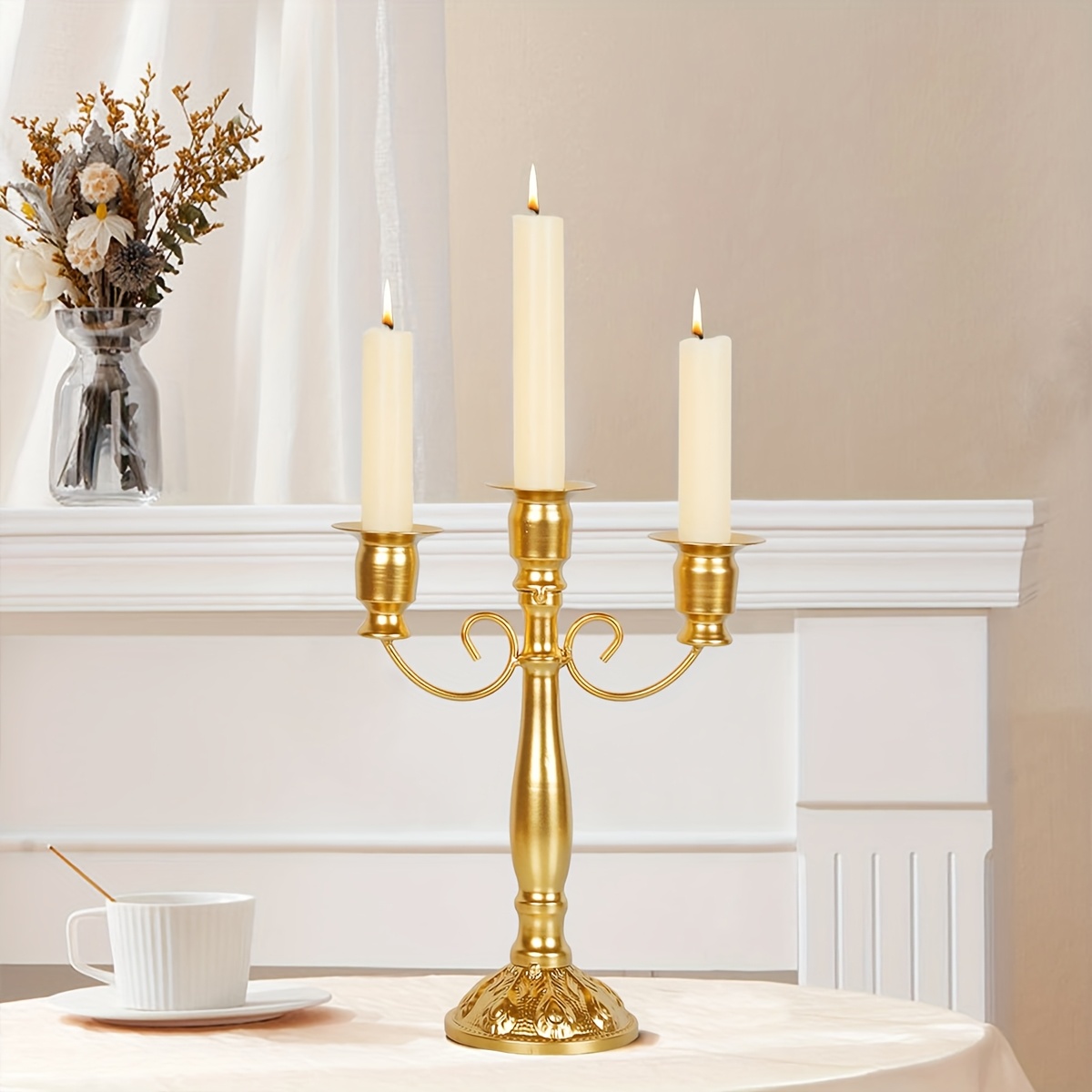 TEMU Exquisite 3-arm Iron Candelabra - Middle Eastern & Vintage European Style, Elegant Metal Holder, Luxe Arabic & Decor, Wedding Centerpiece
