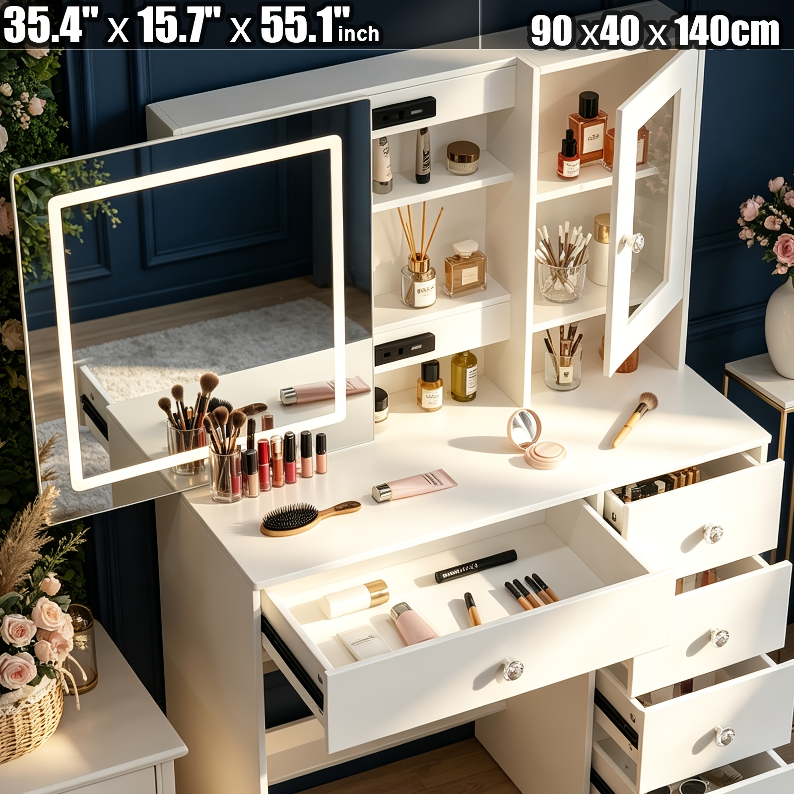TEMU Coiffeuse blanche avec , tiroirs et éclairage LED - Ensemble de coiffeuse moderne avec et table de maquillage à 3 couleurs LED