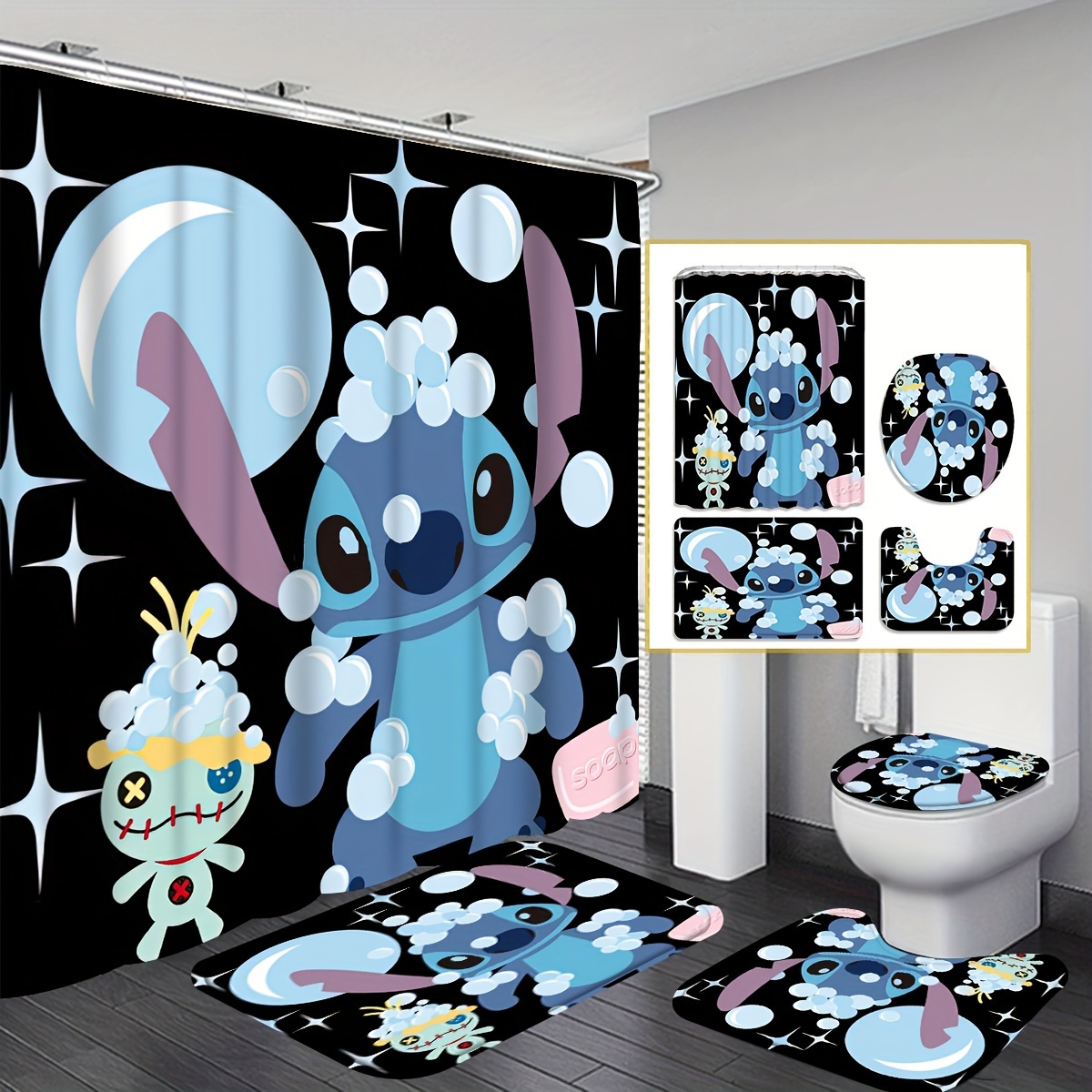 

Disney Stitch 4-piece Shower Curtain Set - Waterproof, Includes 12 Hooks & Non-slip Bath Mats, U-shaped Toilet Mat - Perfect For Bathroom Decor