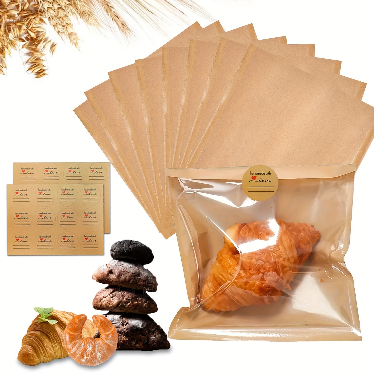 

400pcs Heat Sealable Bakery Bags With Window 7.5x 7.1 Inch Grease Resistant Cookie Bags Pastry Bags With Paper Stickers For Packaging Donut Bread Cookie Goods Sandwich (brown)