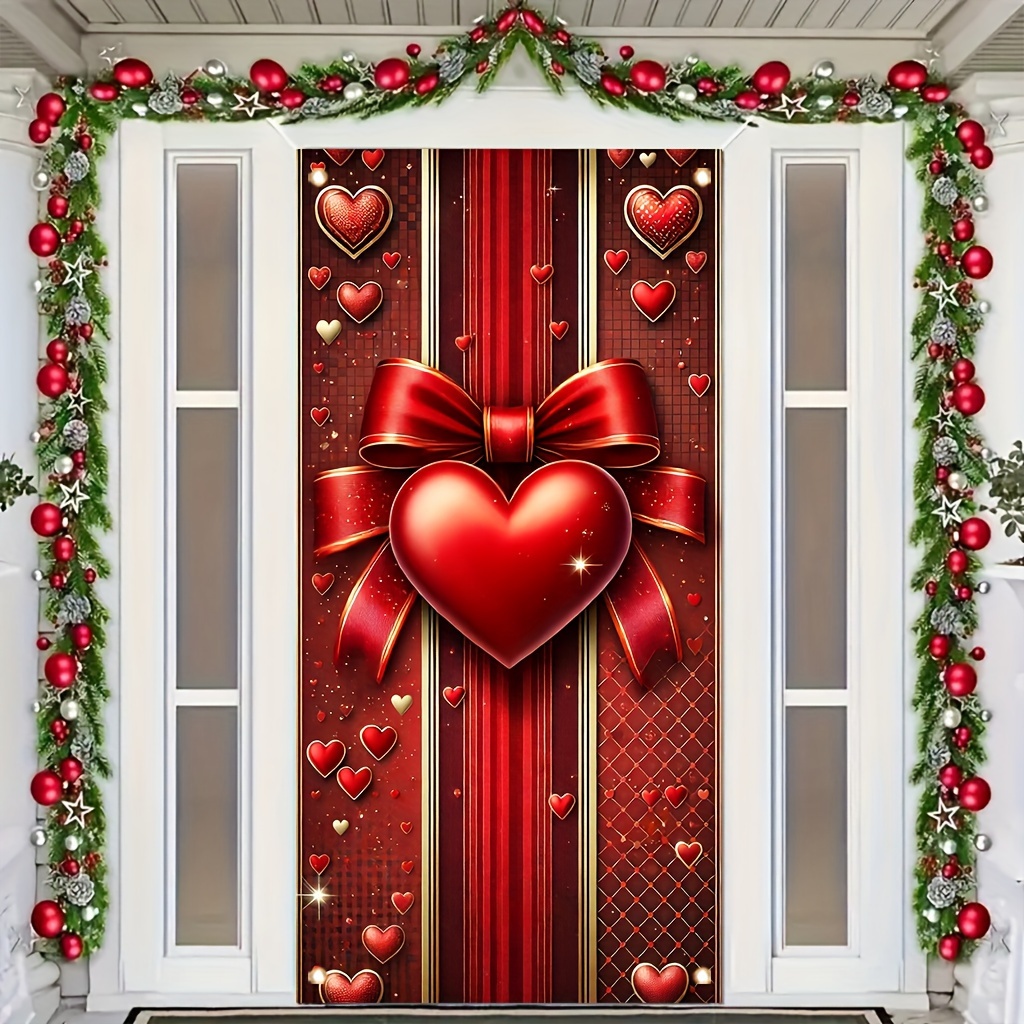 

2d Door Banner 1pc, Polyester, Love Heart Valentine's Day Porch Banner, Size 35 X 70 Inches, Front Door Backdrop, Graphic Hanging Seasonal Door Banner, Party Decorations.