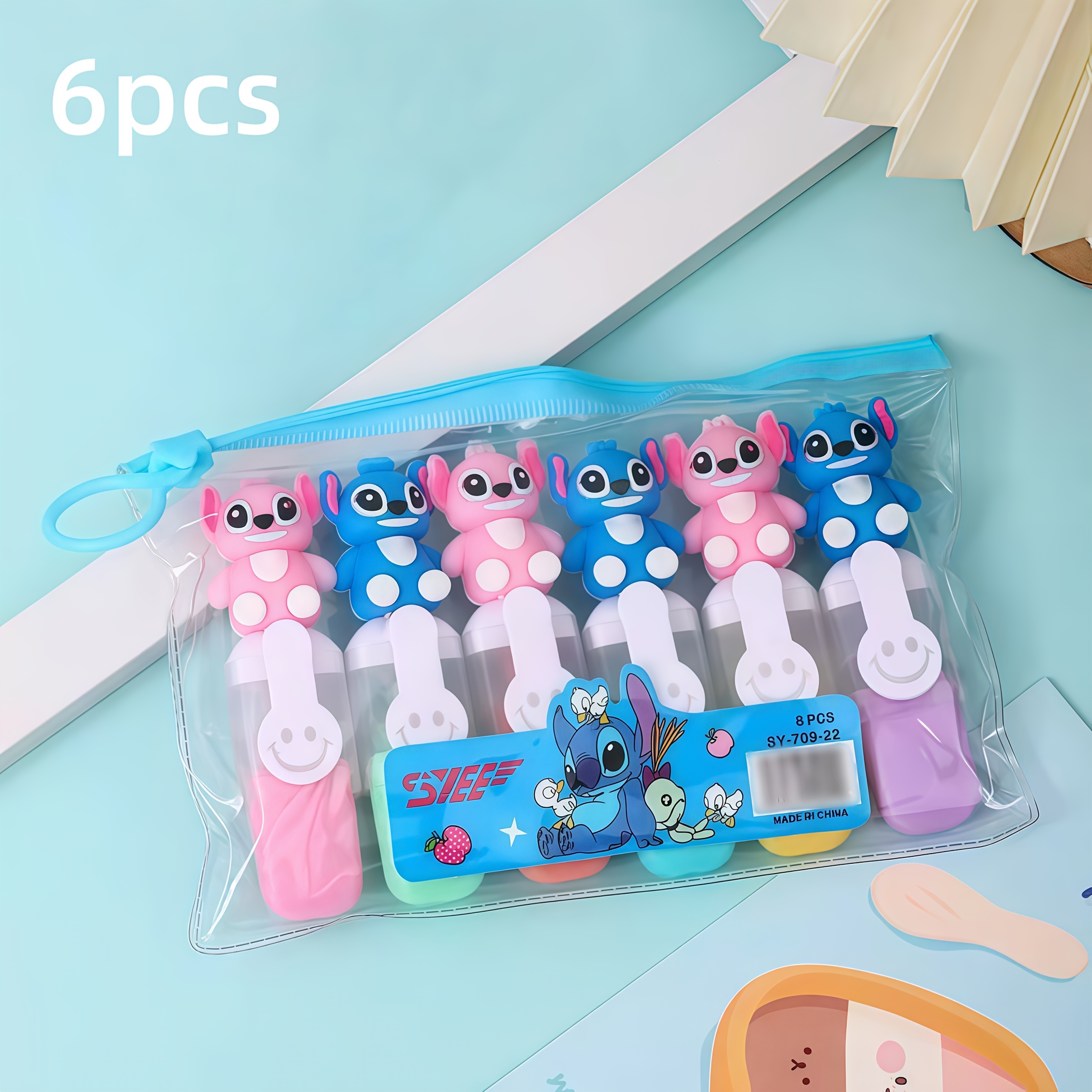 E-shop 6er-Set Mini-Textmarker passend für Lilo & Stitch-Themenzubehör, niedliches Schüler-Schreibwarengeschenk mit Stitch & Lilo, zum Zeichnen,