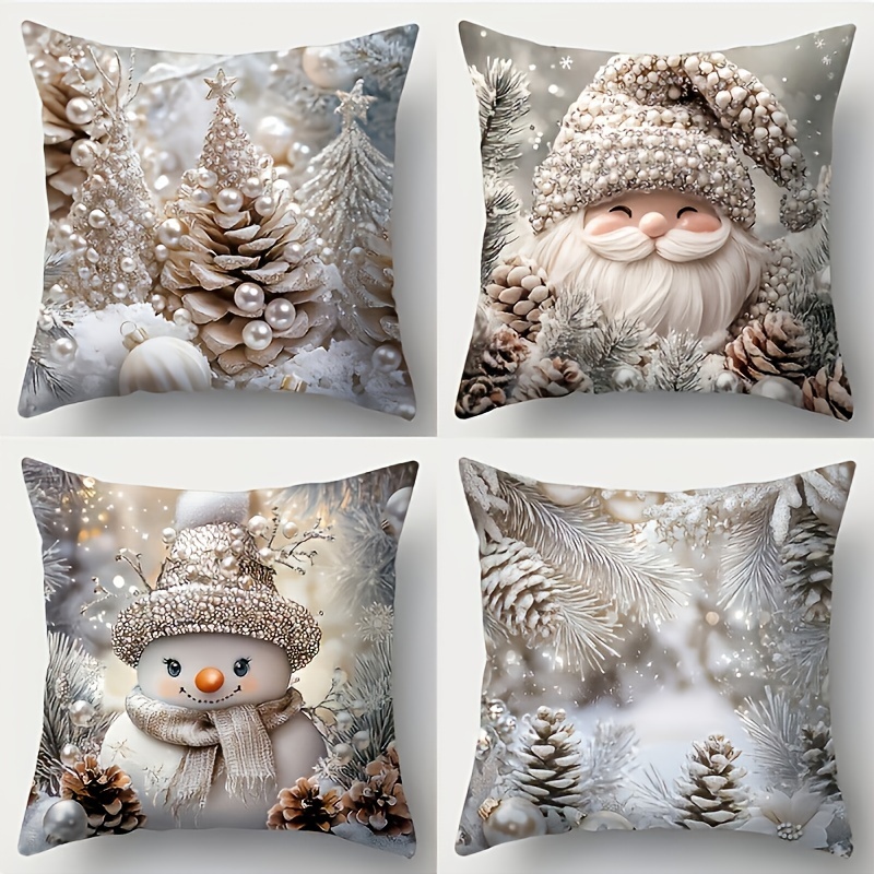 

4pcs Christmas Throw Pillow Covers Set - , Machine Washable, Zip Closure, Polyester With Santa, Snowman & Pine Cone Room, Office, Sofa Decor