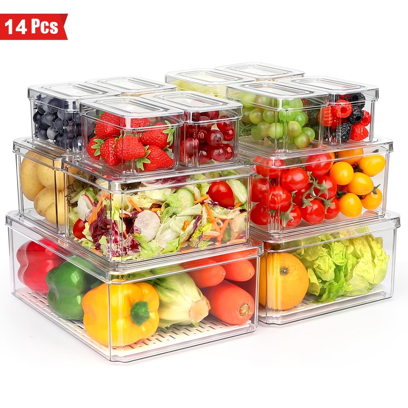 TEMU 14pcs Hihegd Stackable Refrigerator Organizer Bins, Bpa-free Plastic, Reusable, Multipurpose Containers, With Lids, For Fruits, Vegetables, Eggs, Hand Wash Recommended, No Electricity Needed